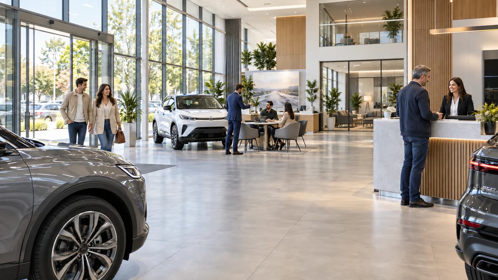 Customers entering a vehicle showroom with display vehicles ahead.