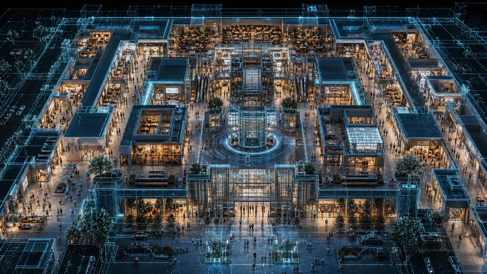 Illustrative shopping-centre operating view with entrances, corridor junctions, storefronts, vertical transport, shared areas, and anonymous flow.
