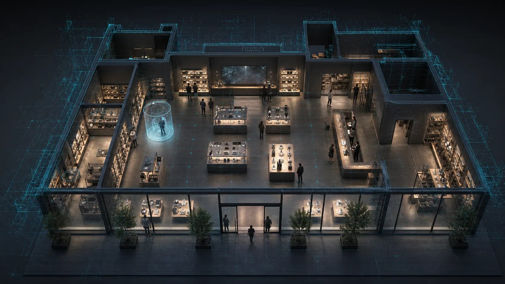 Wide specialty retail store with product displays, demo areas, specialist service points, and anonymous journeys.