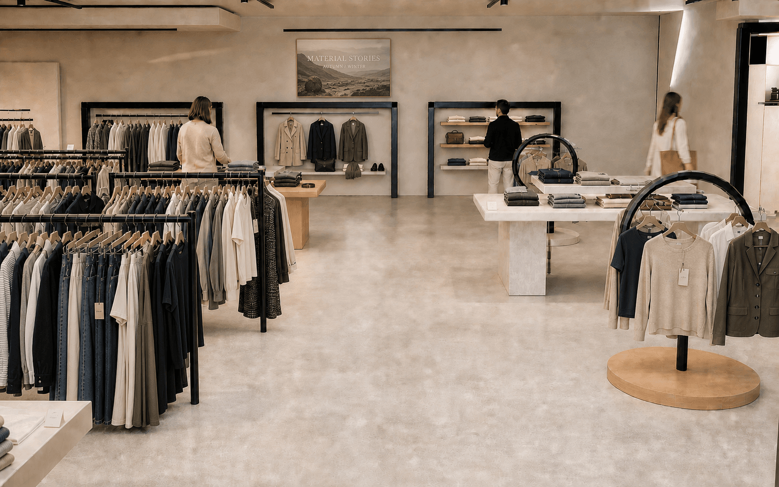 A fashion store with clothing rails, folded merchandise and people browsing.